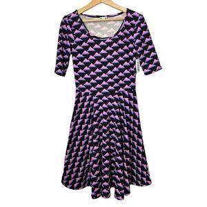 Lularoe Nicole Retro Print Dress Short Sleeve Knee Length Modest Black Medium